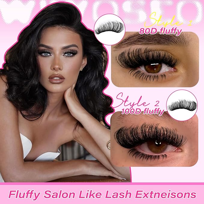 wiwoseo Fluffy Lash Clusters Kit with Bottom Lash Clusters Eyelash Extensions Kit 80D+100D Fluffy Eyelash Clusters 5-22mm Long Cluster Lashes Salon Lashes Clusters Kit with Clear Lash Bond and Seal
