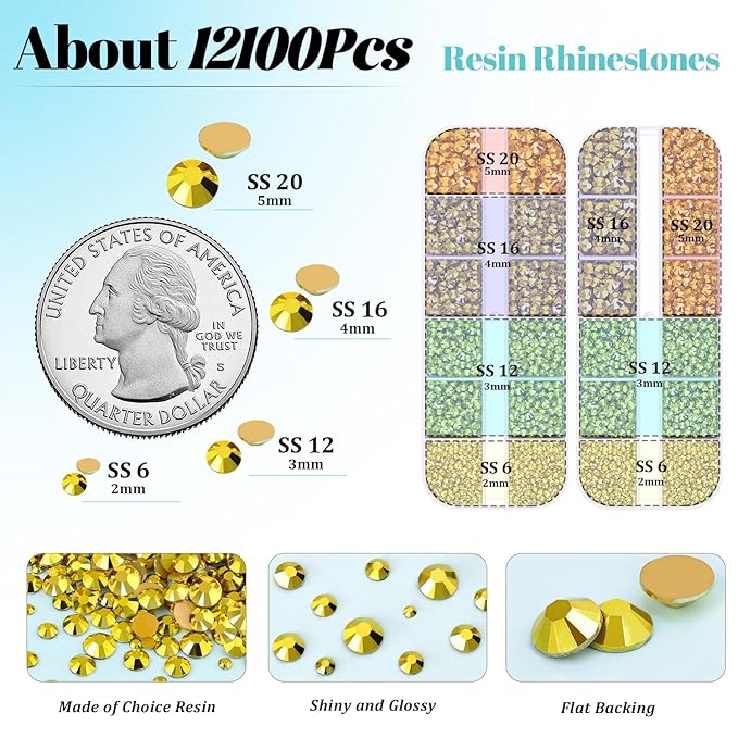 12100Pcs Resin Rhinestones for Crafting with 3Pcs 10ml B7000 Jewelry Glue, 2 Boxes Flatback Crystals Diamond (Bright Gold) for Bedazzling Crafts DIY Nail Art，Non Hotfix Gems for Clothing Shoes