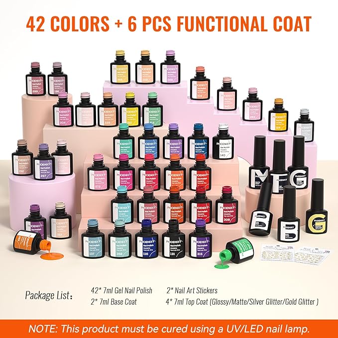 phoenixy 50 Pcs Gel Nail Polish Set, 42 Colors Gel Nail Kit with Base & 4 Effects Top Coat All Seasons Nail Polish Set Christmas Gifts for Women Girls
