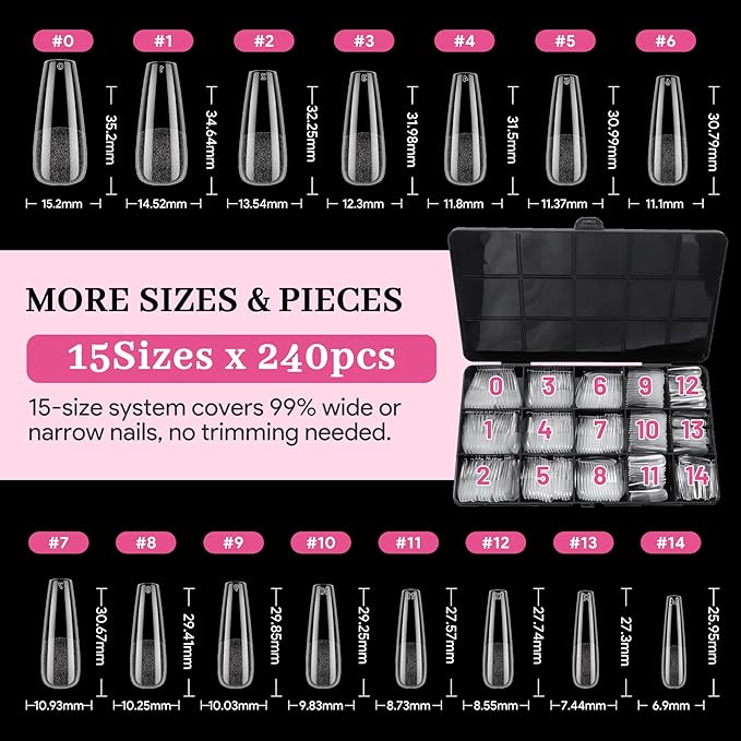 Long Coffin Pre-Building Nail Tips, 15 Sizes 240 PCS Pre-shaped Apex Clear Soft Press On Fake Nail Half Matte Gel Nail Extensions Strong Thick Acrylic Tip for DIY Beginners & Salon Manicure