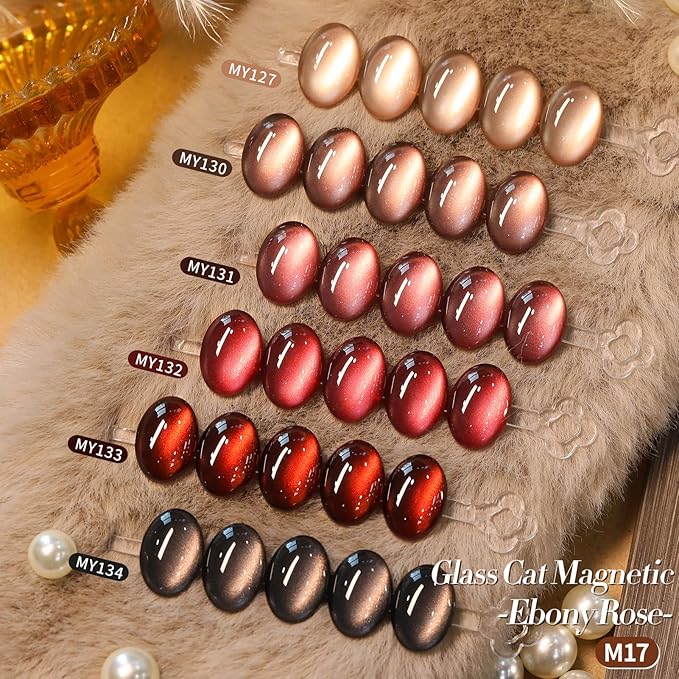 BORN PRETTY Cat Magnetic Eye Gel Nail Polish,Jelly Glass Crystal Brown Burgundy Wine Bloody Red Black Magnetic Gel Polish,Fall Winter Glitter Soak Off Nail Polish Art Salon Manicure Home Gift 7ML 6pcs