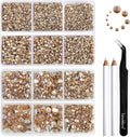 Beadsland 8300PCS Flatback Rhinestones, Gold Rhinestone Round Crystal Rhinestones for Crafts, Mixed 10 Sizes with Wax Pencil and Tweezer Kit, SS3-SS30, Golden Shadow