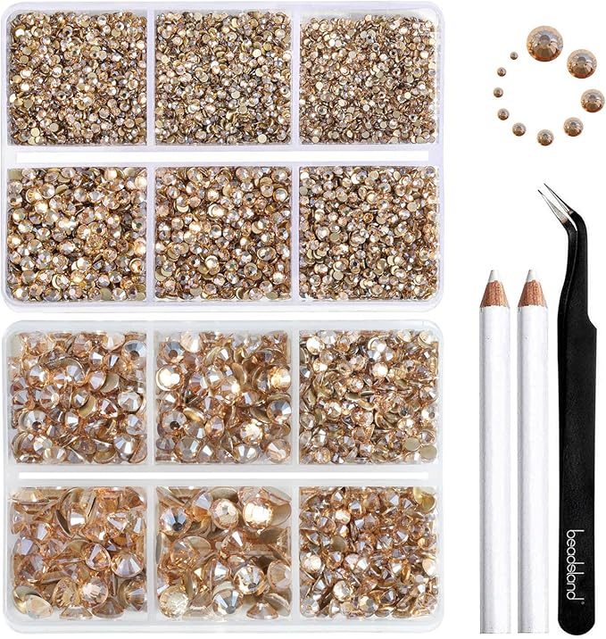 Beadsland 8300PCS Flatback Rhinestones, Gold Rhinestone Round Crystal Rhinestones for Crafts, Mixed 10 Sizes with Wax Pencil and Tweezer Kit, SS3-SS30, Golden Shadow