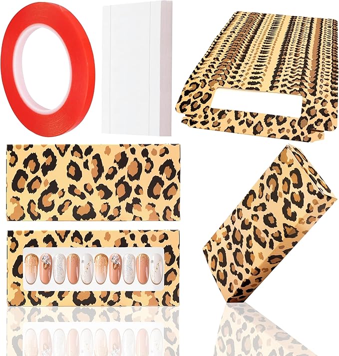 71 Pcs Empty Press on Nails Packaging Box 35 Pcs White Background Papers and 1 Double Sided Tape, Empty Nail Package Box Set for Press on Nail Business(Brown Leopard)