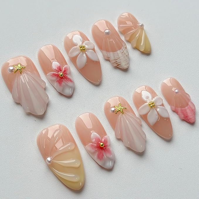 Luxury Press on Nails Medium Almond Handmade 3D Unique Reusable ABS Material Fake Nails French Tip False Nails with Designs Floral Pearls Summer Glossy Glue on Nail Thick Acrylic Nail(M)