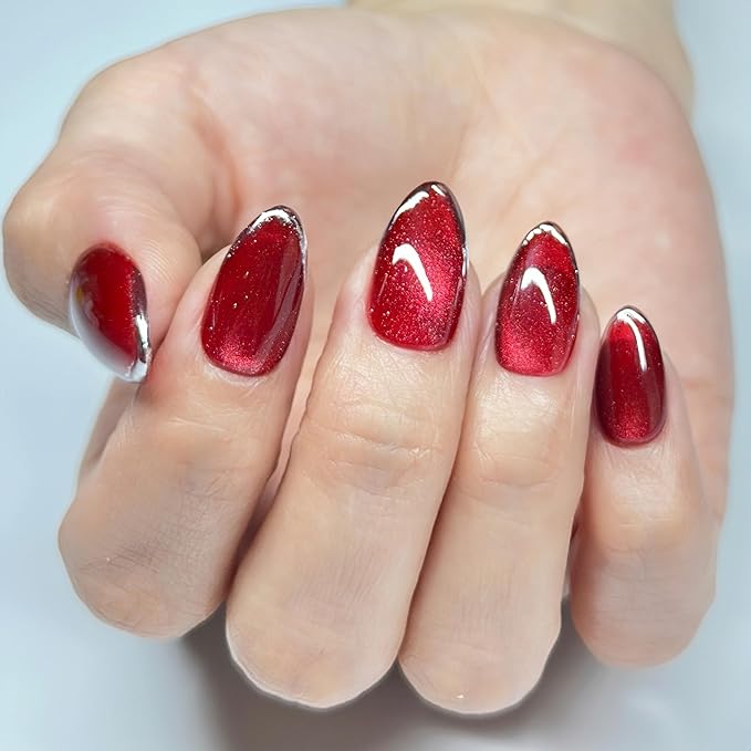 Press On Nails Short Almond Cat Eye Red with Silver Glitter French Tip | Reusable Soft Gel Nails in 12 Sizes-24 Nail Kit with Glue | Designed in L.A, Handmade in Vietnam | Ruby Grace