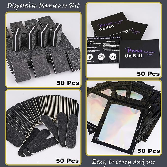50 Set Disposable Nail Supplies Kits,Professional Manicure Press On Nail Tool Kit With Nail File ,Nail Buffer,Adhesive Tabs,Nail Glue,Sticks, Prep Pads,Bags,Instruction Cards for Nail Business(Black)
