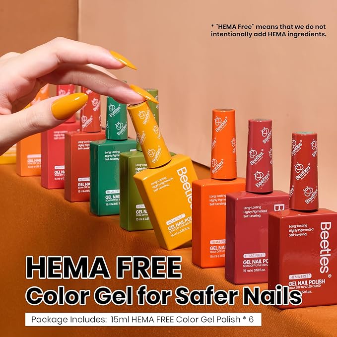 Beetles Hema-Free Gel Polish Set – 6PCS 15ML Golden Hour Hema Free Gel Nail Polish Set, Burgundy Orange Dark Red Green Color Matching Bottles Soak Off UV LED DIY Home Salon Gift for Women