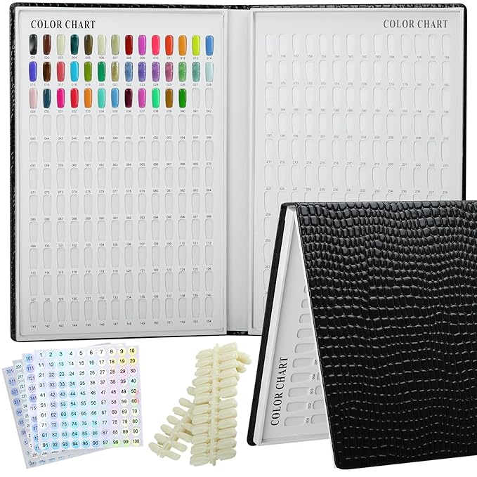 Professional 308 Nail Colors Chart with Number Labels, Black Nail Gel Polish Display Card Book, Nail Art Salon Display Booklet, Nail Color Swatches Nail Practice Card Design Board