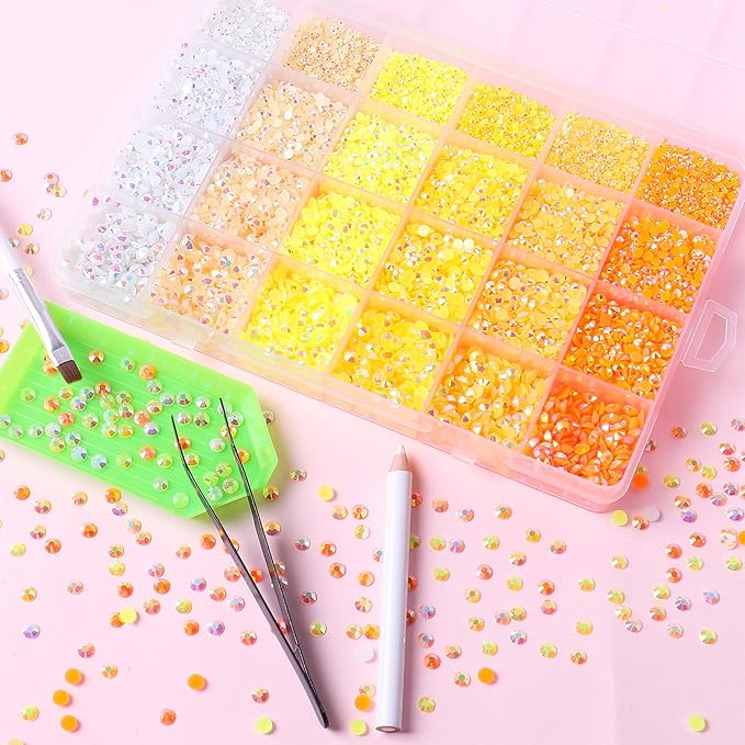 30000PCS Yellow AB Resin Flatback Rhinestones Kit, Jelly Resin Non-Hotfix Rhinestones for Crafts Makeup DIY Decoration Tumblers Nail Art 2mm, 3mm, 4mm, 5mm
