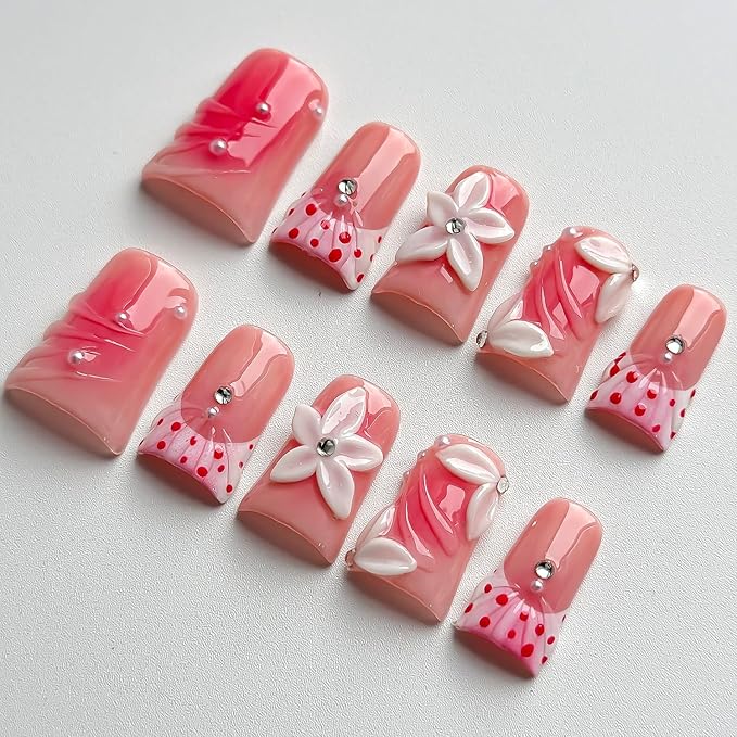 Luxury Press on Nails Short Duck Handmade 3D Unique Reusable ABS Material Fake Nails Pink French Tip False Nails with Designs Flower Rhinestones Polka Dots Glossy Glue on Nail Thick Acrylic Nail(S)