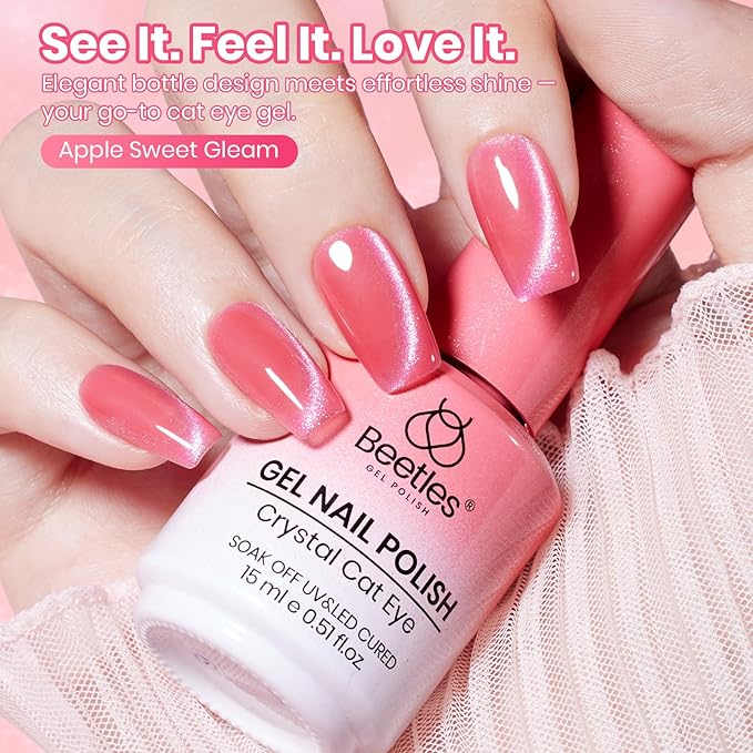 Beetles Apple Sweet Gleam Pink Cat Eye Gel Nail Polish - 15ML Glitter Pink Cat Eye Spring Gel Polish Magnetic Shimmer Effect Soak Off UV Nail Art Design Salon DIY Manicure Gift for Women