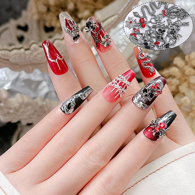 Halloween Nail Charms,32pcs Ghost Head Skull Hand Spider Web Nail Gems with Rhinestones,Retro Skeleton Spider Cross Gold Silver Alloy Nail Art Decorations for DIY Halloween Nail Design (Mixed C)