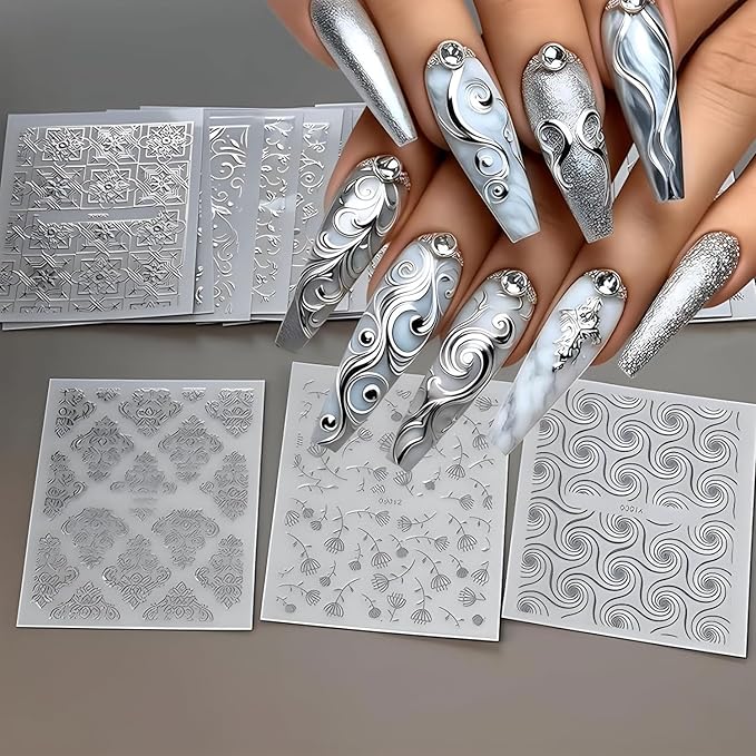 30 Sheets Silvery Stickers 3D Self-Adhesive Lace Nail Decals Retro Flower Designs Nail Supplies Acrylic Nail Decoration DIY Nails Art Accessories for Women