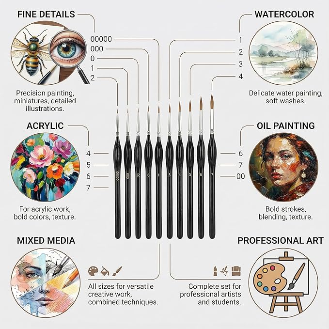 11-Piece Detail Paint Brushes Set, Triangular Grip Fine Tip Art Brushes for Watercolor, Acrylic, Oil, Face, Model, Nail & Miniature Painting