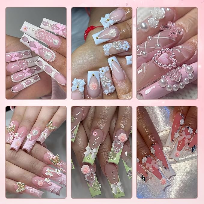 3D Nail Charms and Gems with Bows, Hearts, Rose, Flowers Pearls and More Than 500 Rhinestones for Nails Design, Cute Y2K 3D Nail Decorations