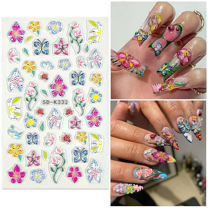 Flower Nail Art Stickers Decals 5D Embossed Nail Decals Spring Summer Colorful Flower Butterfly Nails Design Self-Adhesive 3D Accessories for Women Nails DIY Decoration(5 Sheets)