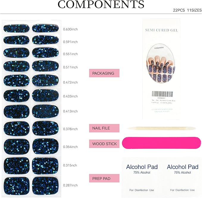 Semi Cured Gel Nail Strips Dark Blue Glitter Nail Strips with UV/LED Required Long Lasting Gel Nail Stickers Includes 22 Strips 2 Prep Pads, Nail File & Wooden Stick