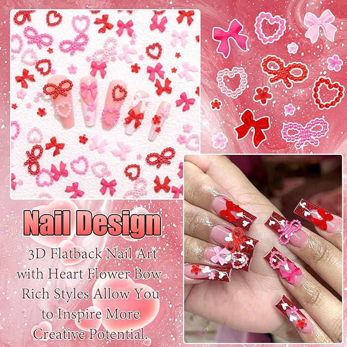 BELICEY Valentines Pink Red Heart Bows Nail Charms 3D Hearts Nail Art Charm Resin Flatback Bow Charms for Nails Cute Kawaii Flower for Women Manicure DIY Nails Art Design Accessories Crafts