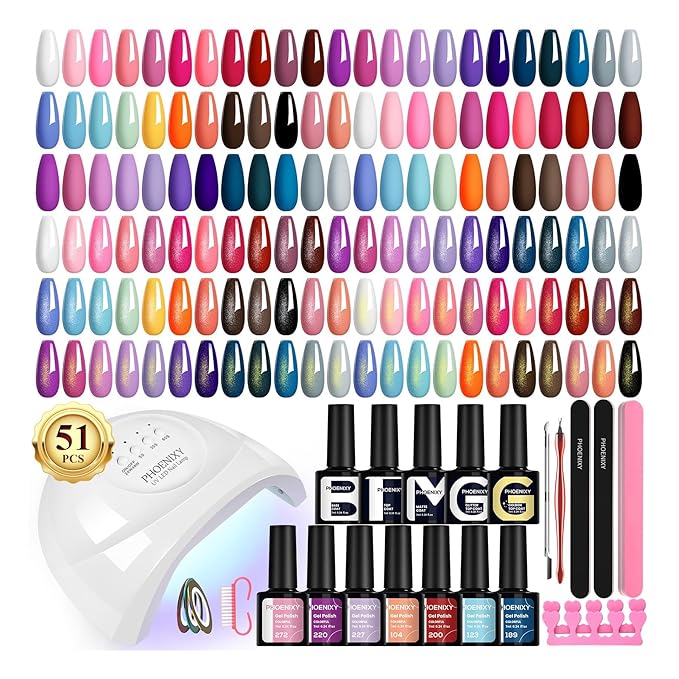 PHOENIXY 51 PCS Gel Nail Polish Kit with U V Light, 35 Colors Gel Polish with 5 Pcs Base Top Coat Manicure Starter Nail Polish Set Gifts for Women ST9012