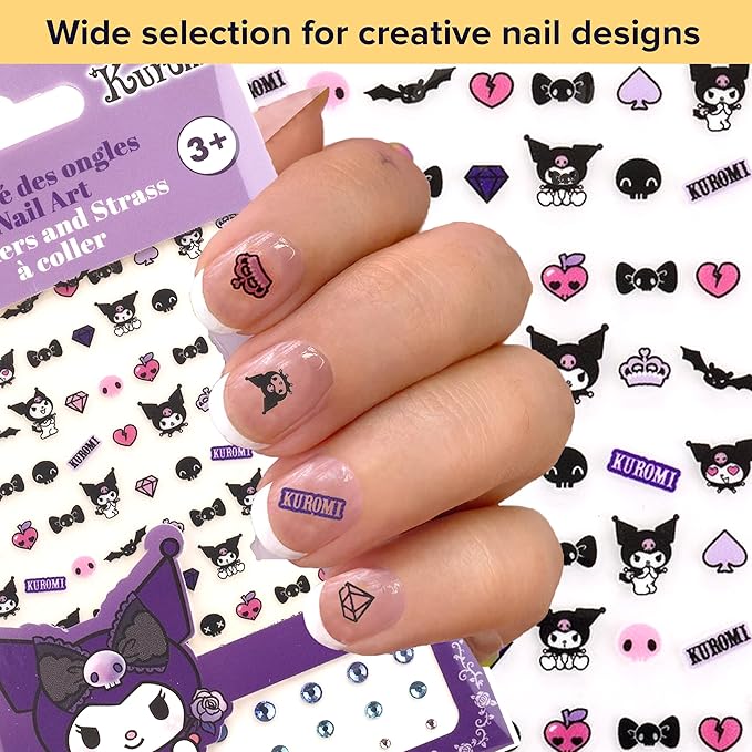 Kuromi Nail Stickers – 1 Sheet with 72 Stickers + 24 Rhinestones – Self-Adhesive Nail Art for Girls – Fun Activity & Gift Idea for Birthdays, Crafts, Party Bags and Playdates