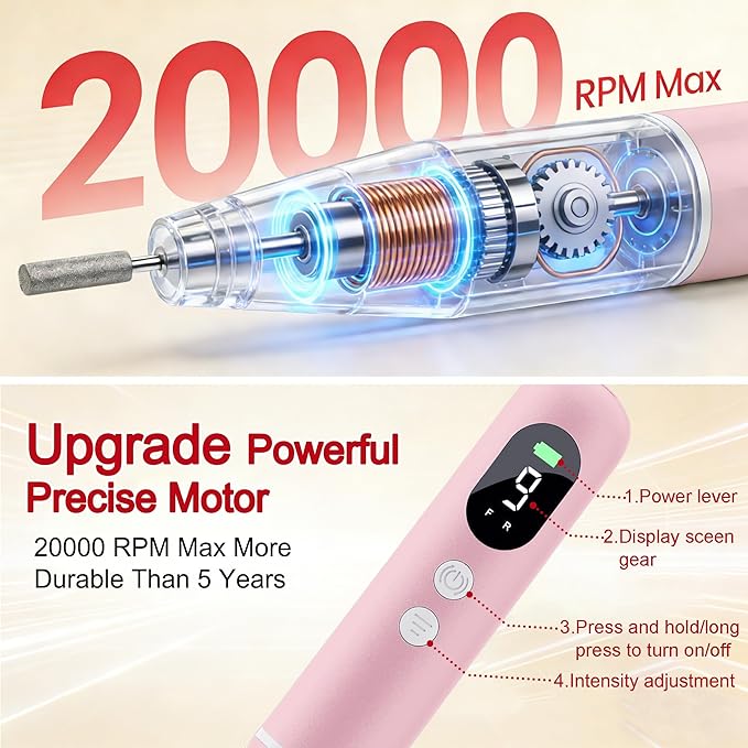 Salon-Grade Electric Nail Drill – Professional Cordless Nail File with LED Display, 6 Specialized Bits & 26 Accessories for Gel/Acrylic Nails & Thick Toenails (Light Pink)