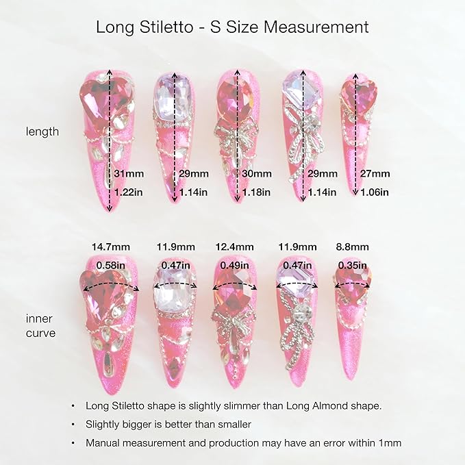 [GLORS] Luxury Press-On Nails, Pink Glitter False Nails with Rhinestones and Pearl Chain in Long Stiletto, 10 Pieces (S, LS)