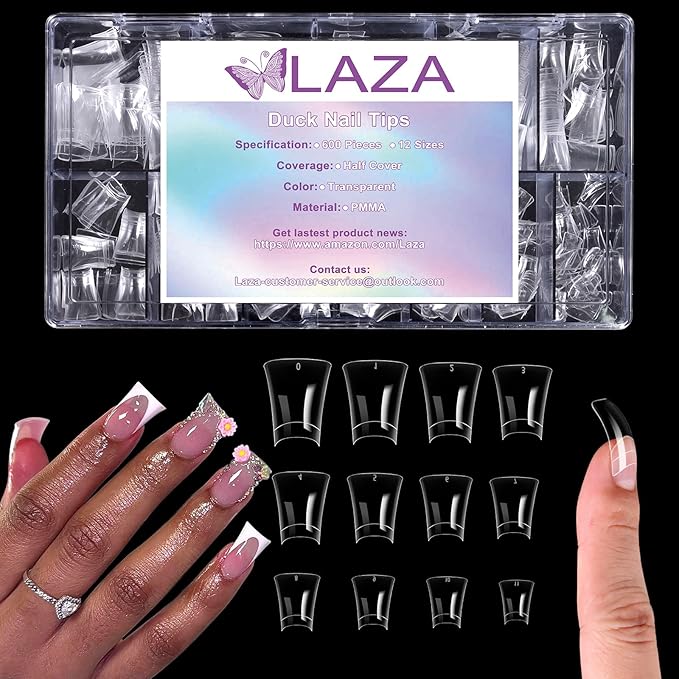 Laza 600pcs Short Duck Nail Tips 12 Sizes Box-packed Clear Duck Nails Half Cover Wide Nail Tips French False Nail Tips for Acrylic Nails Extension Tips — 22MM