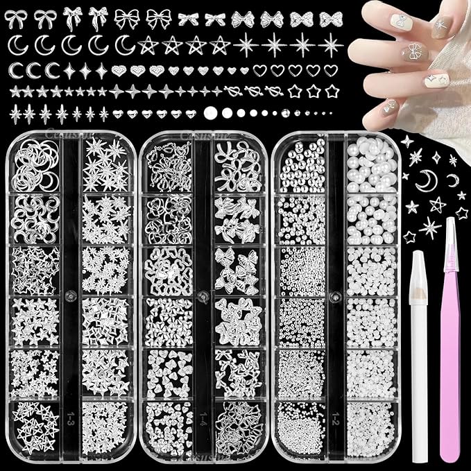 Silver Alloy Cross Star Nail Charms, Silver Metal Nail Beads, White Flatback Pearls, 3D Star Moon Heart Bow Butterfly Nails Studs, Mixed Sizes Caviar Beads and Pearls for Nail Art Accessories DIY