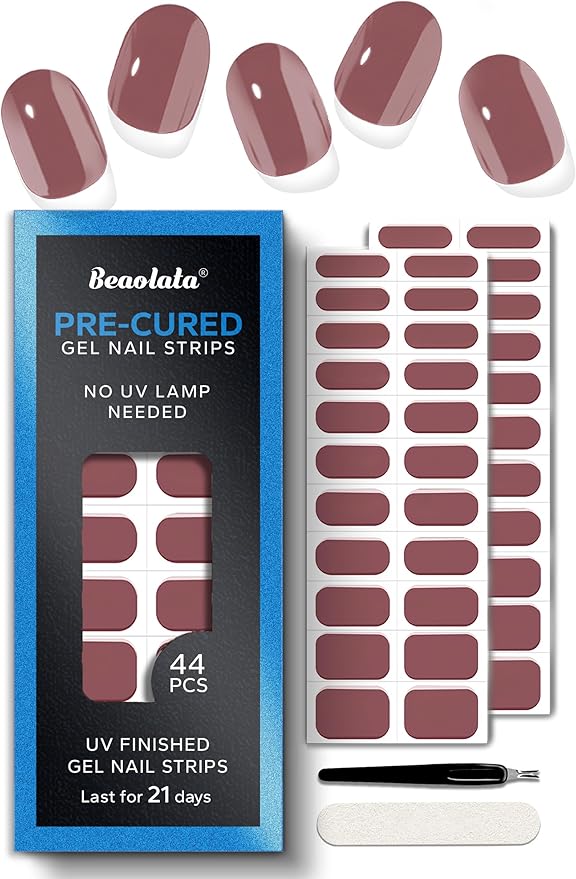 Real Gel Nail Strips (No UV Light Needed) - 44Pcs Salon Quality Nail Stickers - Long Lasting Polish Wraps for Women, Easy Apply & Remove (Muted Rose Brown)