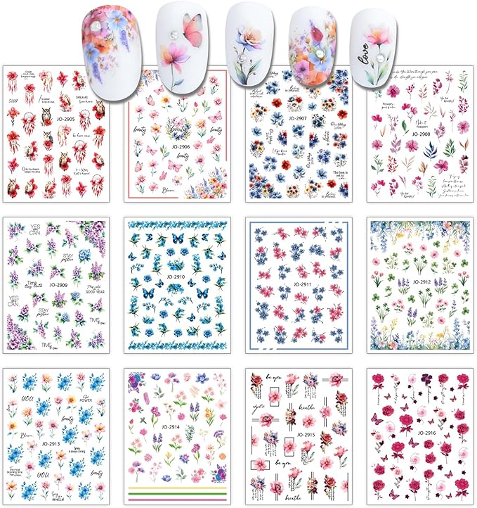 12 Sheets Butterfly Flower Nail Stickers for Nail Art, Colorful Flower Nail Decals,Flower 3D Self-Adhesive Nail Art Stickers Design for Women DIY Manicure Decoration YX1230