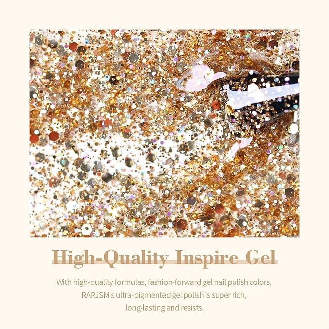 RARJSM Champagne Gold Glitter Gel Nail Polish Sparkly Iridescent Rainbow Shimmer Holographic Gelpolish Soak off L e d U V Curing Required High Pigments Gel for Home Salon Manicure Nail Art 15ml