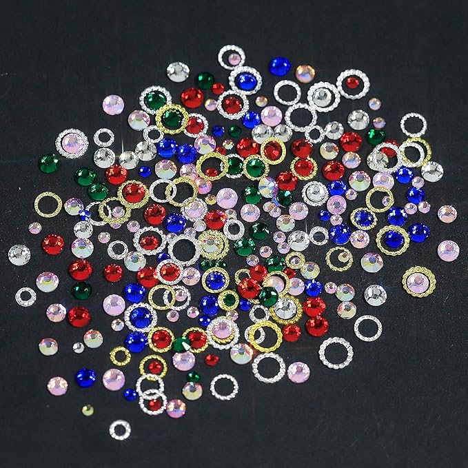 HNUIX Nail Beads - 3D Multiple Size, Mix Colors, Flat Back, Rhinestones for Nails, Gold & Silver, Charms Studs, Round, with Kit, for Nail Art