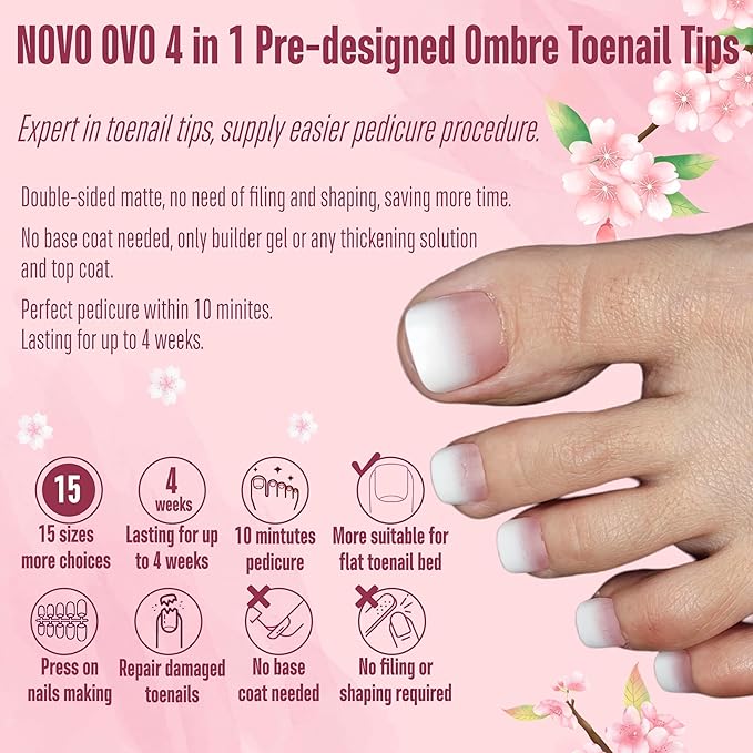 NOVO OVO Fake Toe Nail Tips Press on, French Tip Soft Gel Toenail Extension, BERRY OMBRE Square Round Pre-applied Tip Primer & Base Coat, Full Cover Matte False Nails for DIY x 15 Sizes 360Pcs