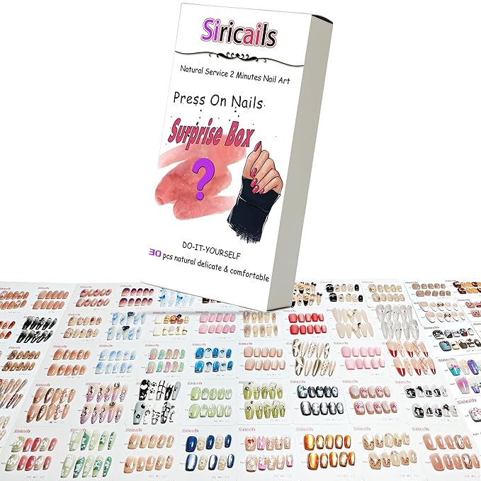 Press On Nails Surprise Box, Mystery Pack of Various Options, Patterns and Nail Types, Reusable, 30 Nail Kit with Storage Box, Mini File, Manicure Stick, Prep Pad, Nails Adhesive Tabs, Women Gift