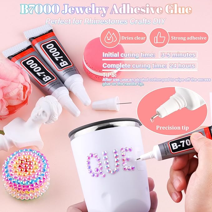 25000Pcs Resin Rhinestones with B7000 Jewelry Glue for Crafting, Lavender Purple AB 2-6mm Non Hotfix Flatback Gems, Bedazzling Crystal for DIY Crafts Clothing Tumblers Mugs Shoes Fabric Decor Nail Art