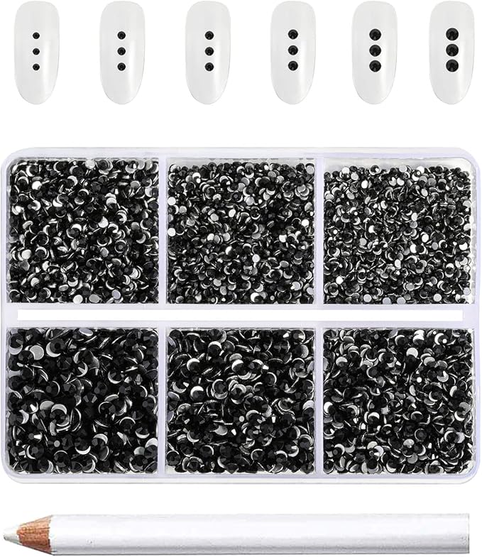 Beadsland 7200pcs Flatback Rhinestones,Black Rhinestone Nail Gems Round Crystal Rhinestones for Crafts,Mixed 6 Sizes with Wax Pencil Kit, SS3-SS10,Jet Black