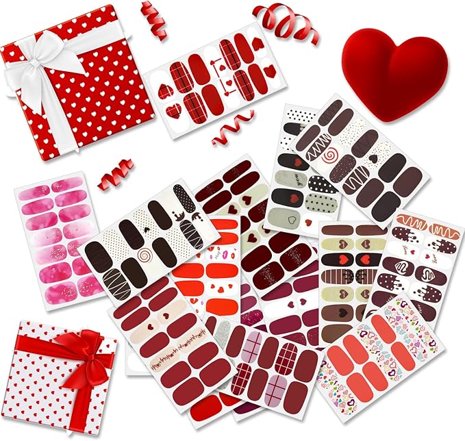 DANNEASY 16 Sheets Valentine's Day Nail Polish Strips for Women Red Nail Wraps Gel Nail Strips Self Adhesive Nail Polish Stickers Fingernails Nail Art Design with Nail File, Cuticle Stick