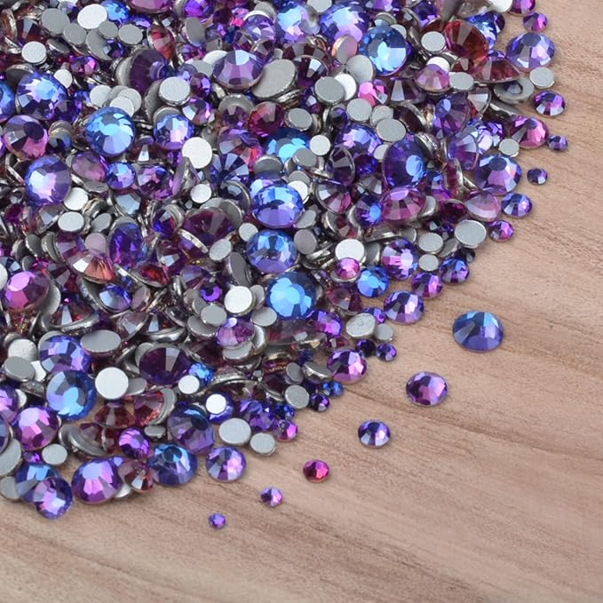 10000 Pieces Rhinestones 6 Sizes Round Crystal Glass Flat Back Rhinestones with 1Tweezers and 1Picking Pen for Nail Art Crafts Clothes Bags DIY (Purple Velvet)