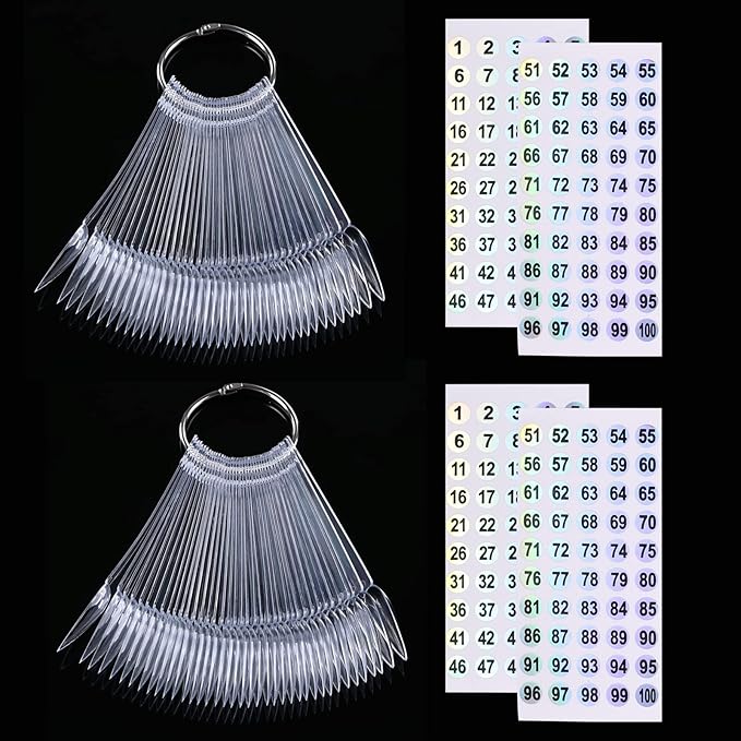 100 ps Nail Swatch Sticks with Number Stickers, Nail Color Display Stiletto Tips, Fan-shaped Nail Polish Practice Sticks, Nail Art Display Sample Color Wheels (Transparent)