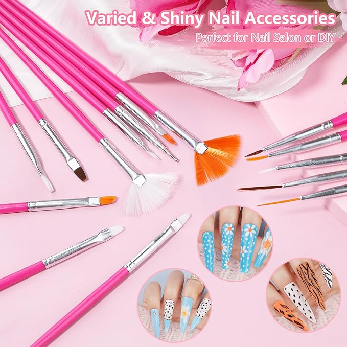 20 Nail Art Brushes Kit with Striping Tapes, Rhinestones, Pearls, Butterfly Sequins, Flower Charms & Gold Stickers for Nails DIY Manicure Gifts (Rosy)