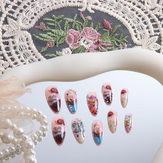 Colorful Shining Flowers and Butterfly 24pcs Medium Almond Nails, Colorful Full Cover Artificial Stick on Nails Kit