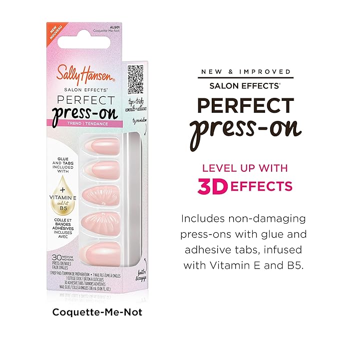 Sally Hansen Salon Effects Perfect Press-On Pink Nails | Almond Shape, 3D Design | Easy to Apply, Non-Damaging, Vitamin E & B5 | 30 Nails, Nail Glue, Adhesive Tabs, File| Blushing on You