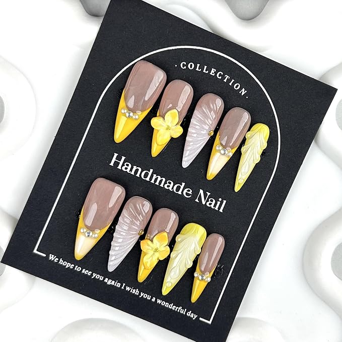 100% 5D Handmade Press on Nails with Charms Long Stiletto Nails Press ons- Water Ripple False Nails Ombre Orange Yellow Press on Nails Flower Fake Nails for Women Girls Daily Wear DIY Manicure Size L
