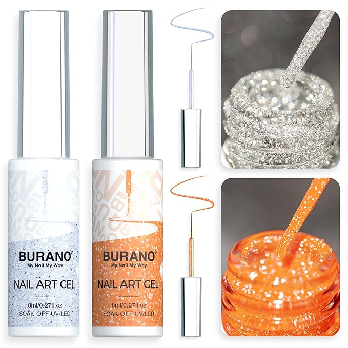 BURANO Gel Nail Polish Liner Nail Art Polish, Silver Gold Painted Gel Nail Design Polish 2 Bottle 8ml, Build in Thin Nail Brush Curing Required LX13 LX24