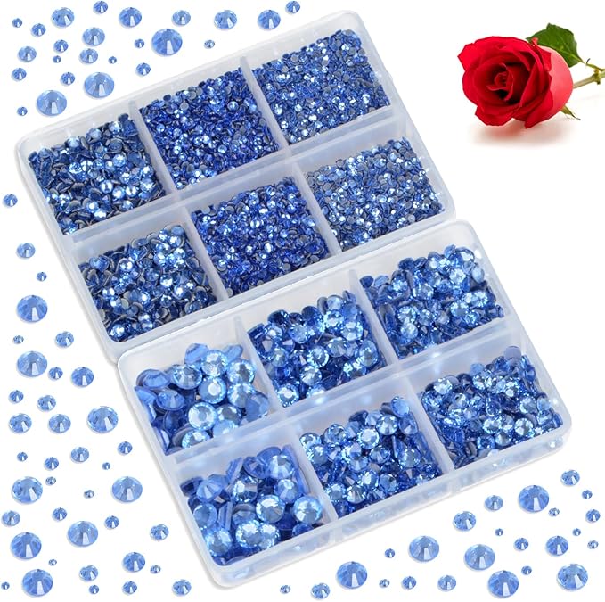 Bymitel Hotfix Crystal Rhinestones Round Gems for Crafts,Mixed 6 Sizes with Wax Pencil Kit, Lt. Sapphire 1.6-6.3mm SS4-SS30/8000pcs