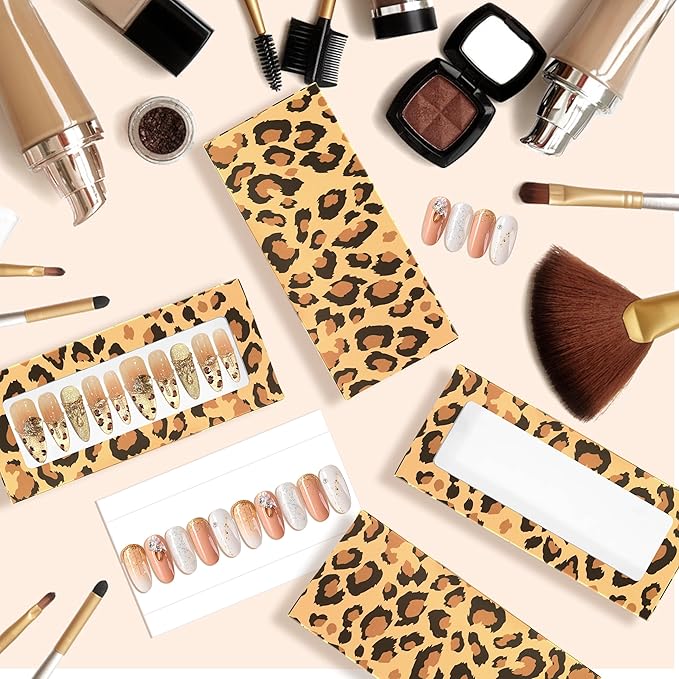71 Pcs Empty Press on Nails Packaging Box 35 Pcs White Background Papers and 1 Double Sided Tape, Empty Nail Package Box Set for Press on Nail Business(Brown Leopard)