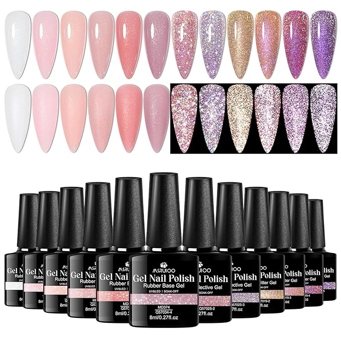 12Pcs Nude Pink Builder Gel for Nails + Reflective Glitter Gel Nail Polish Set Pink Purple Soak Off Uv/Led Nail Polish Kit DIY Manicure