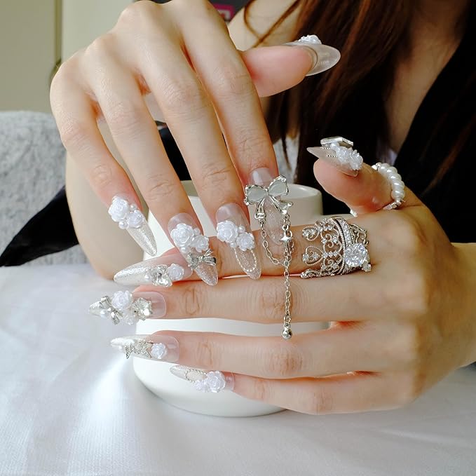 Luxury Long Almond Press-On Nails, 3D White Roses with Silver Glitter, Pearl and Rhinestone Decorations, Handmade False Nail 10 Pieces (Medium, LS)