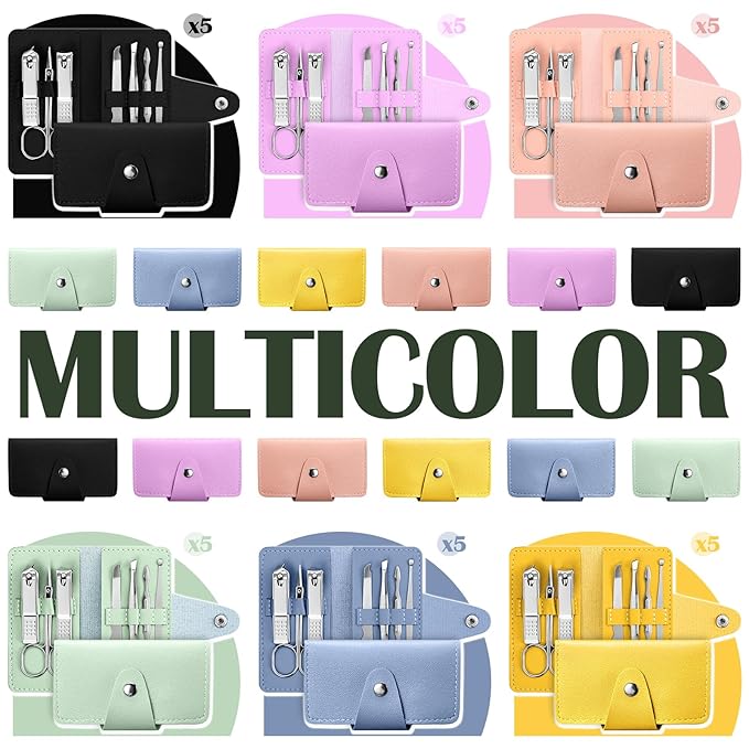 30 Set Manicure Kit Bulk Nail Clippers 7 in 1 Mini Nail Clippers Stainless Steel Professional Care Pedicure with Travel Bag Grooming Kit for Women Men Home(Soft Color,Simple)